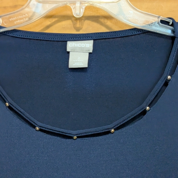 Chicos Shirt Siz 2 LG Top Navy Blue LS Blouse Embellished Casual Evening Party - Picture 4 of 9